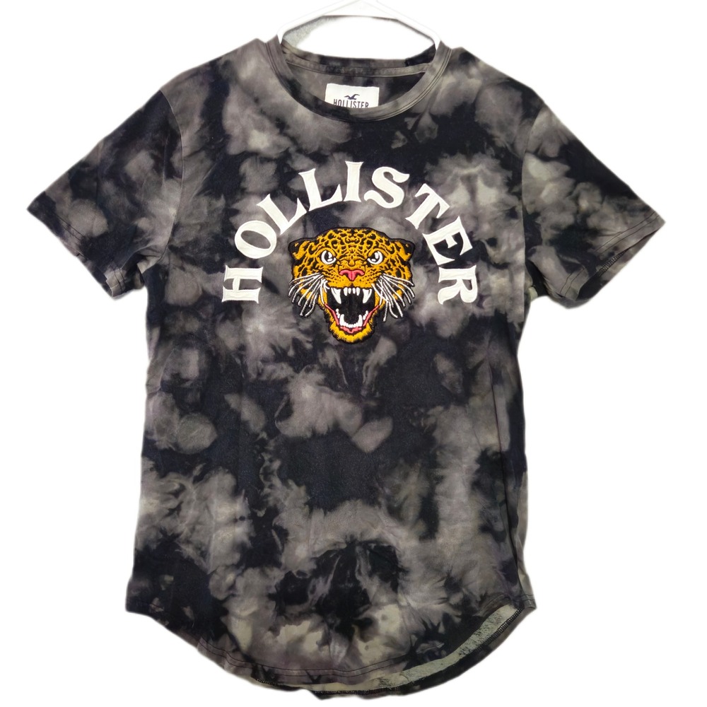 Hollister Graphic Tee Mens M Black Grey Tie Dye Leopard Print Curved Hem Shirt